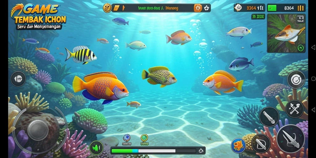 Tampilan gameplay seru dengan aksi Tembak Ikan yang menantang.
