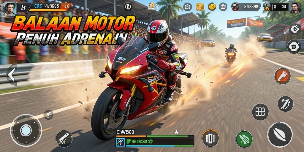 Screenshot gameplay CW8888 yang menunjukkan aksi balapan motor yang mendebarkan.