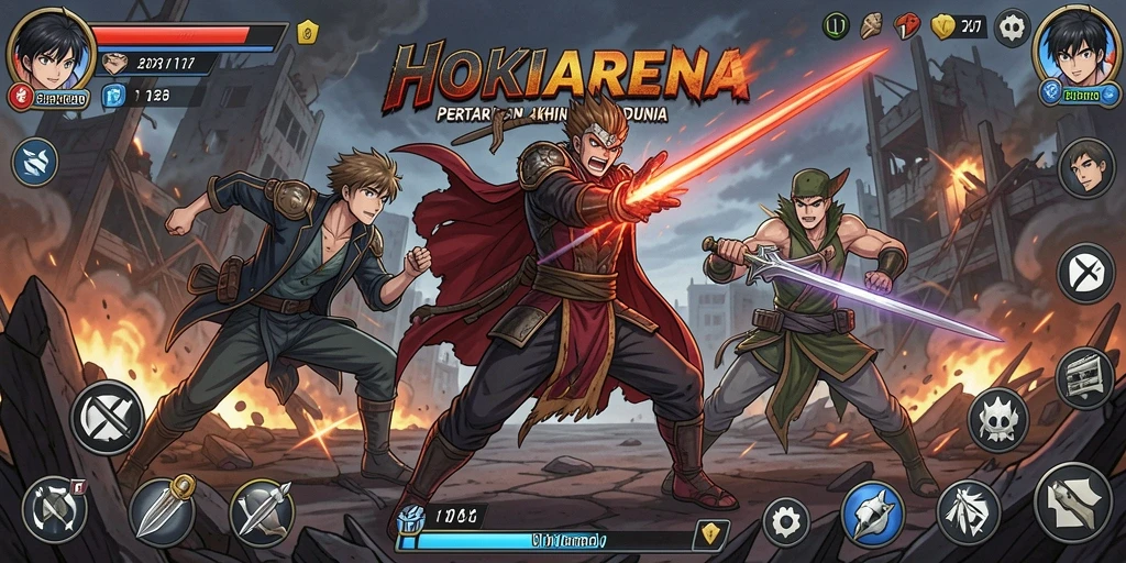 Tampilan gameplay menegangkan di HOKIARENA dengan karakter anime.