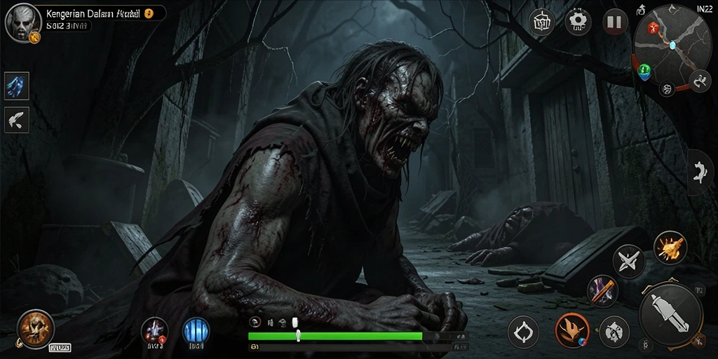 Screenshot menampilkan gameplay horor yang menegangkan dan mencekam.
