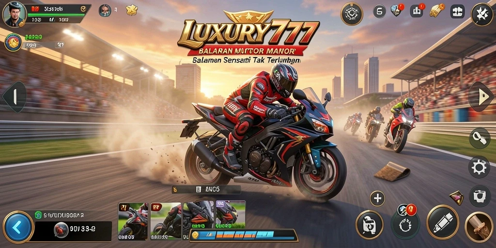 Screenshot gameplay LUXURY777 dengan balapan motor yang seru dan mendebarkan.