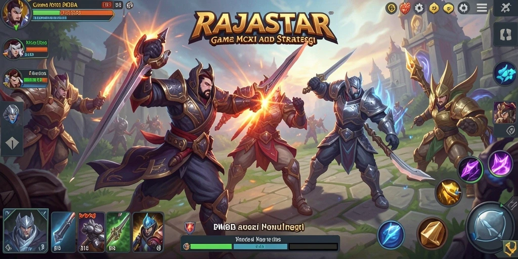 Screenshot utama RAJASTAR menampilkan pertempuran seru dalam arena MOBA.