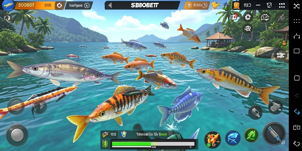 Tangkapan layar gameplay SBOBET menampilkan aksi menembak ikan yang seru.
